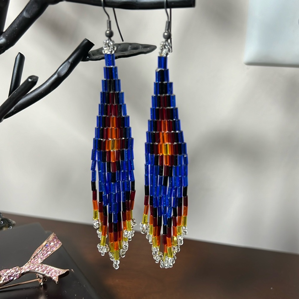 Hand Beaded Dangle Earrings.  4”
